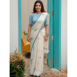 Anjaneya Sarees Floral Linen Blend Block Print Saree-image-24