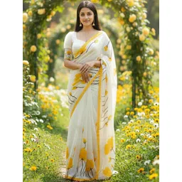 Anjaneya Sarees Floral Linen Blend Designer Block Print Saree-image-32
