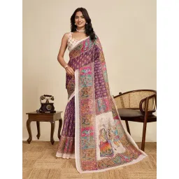 Anjaneya Sarees Purple Woven Linen Silk Printed Designer Saree With Unstitched Blouse-picture-36