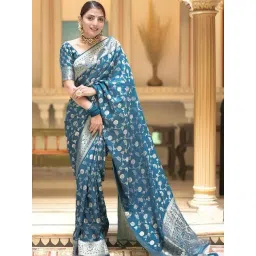 Anjaneya Sarees Teal Blue Silk Woven Saree With Unstitched Blouse-picture-22