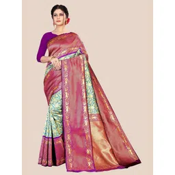 Anjaneya Sarees Turquoise Blue & Purple Woven Design Zari Silk Blend Saree-picture-10