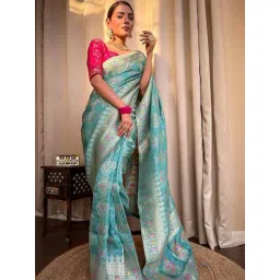 Anjaneya Sarees Turquoise Silk Woven Saree With Unstitched Blouse-picture-31