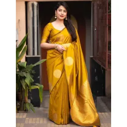 Anjaneya Sarees Yellow Banarasi Silk Saree with Unstiched Blouse-picture-12