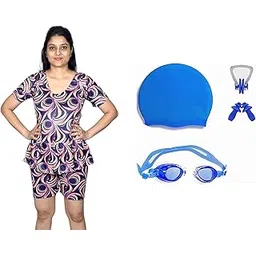 anjor Women's Swimming Half Sleeves Frock with Swimming 1 Anti Fog Swimming Goggles + 1 Silicone Swimming Cap+ 1 Nose Clip+ 2 Ear Plugs-picture-41