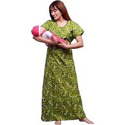 ankona Feeding Nighty in Pure Cotton with 3 zips First Zip on Neck for Comfortable Wearing & Other 2 zips on Front for Feeding Purpose Maternity Nighty, Zipper Nighty (Green Colour)-picture-14