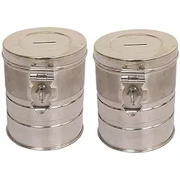 Anmol Enterprises Stainless Steel Round Shape Money Bank Piggy Banks Antique Coin Organiser/Container Gullak Case Box Coin Bank (Silver) Pack of 2-picture-12