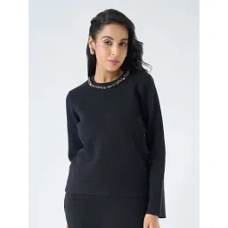 Annabelle By Pantaloons Jet Black Slim Fit Embellished Sweater-picture-34