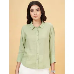 Annabelle by Pantaloons Smoke Green Linen Shirt-picture-10