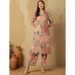 Anouk Beige Floral printed V-Neck Pure Cotton Kurta With Palazzos-picture-11