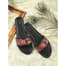 Anouk Black & Pink Ethnic Embroidered Open Toe Flats-picture-34
