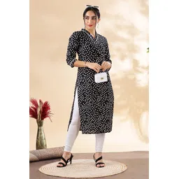 Anouk Black & White Polka Dot Printed V-Neck Thread Work Cotton Straight Kurta-picture-38