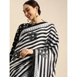 Anouk Black & White Satin Striped Saree-picture-24