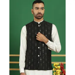 Anouk Black Embroidered Mandarin Collar Sequinned Detailed Silk Cotton Nehru Jacket-picture-30