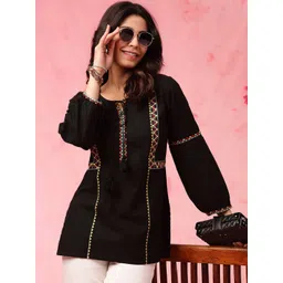 Anouk Black Geometric Embroidered Tie Up Neck Pure Cotton Kurti-picture-34