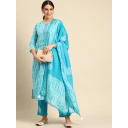 Anouk Blue & White Ethnic Motifs Print Mirror Work Cotton Straight Kurta Trousers Dupatta-picture-11