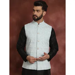Anouk Blue Embroidered Mandarin Collar Nehru Jacket-picture-17