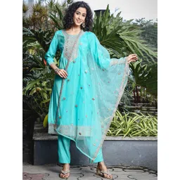 Anouk Blue Ethnic Motifs Embroidered Notch-Neck Straight Kurta With Trouser & Dupatta-picture-34