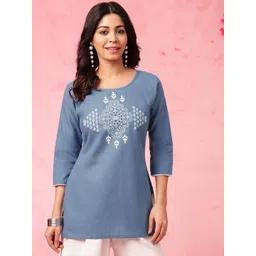 Anouk Blue Ethnic Motifs Embroidered Thread Work Pure Cotton Straight Kurti-picture-31