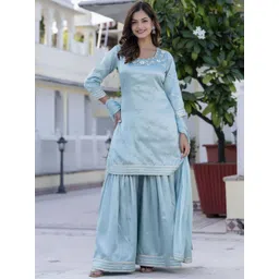 Anouk Blue Floral Embroidered Round Neck Straight Kurti With Sharara And Dupatta-picture-18