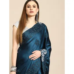 Anouk Blue Floral Embroidered Satin Saree-picture-20