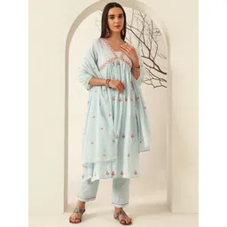 Anouk Blue Floral Embroidered V-Neck Pure Cotton Straight Kurta with Trousers & Dupatta-picture-24