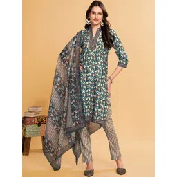 Anouk Blue Floral Printed Mandarin Collar Regular Kurta With Trousers & Dupatta-picture-23