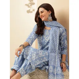 Anouk Blue Floral Printed Regular Thread Work Pure Cotton Kurta With Patiala & Dupatta-picture-27