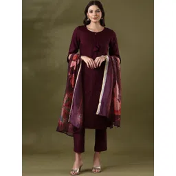 Anouk Burgundy Striped Embroidered Tie-Up Neck Straight Kurta With Trousers & Dupatta-picture-15