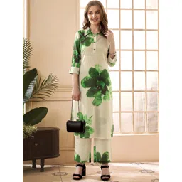 Anouk Cream Floral Printed Shirt Collar Roll-Up Sleeves Pure Cotton Tunic With Trousers-picture-28