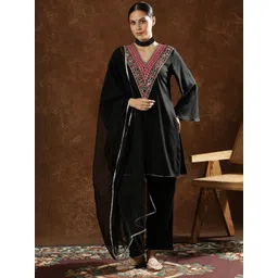 Anouk Embroidered V-Neck Thread Work Straight Kurta With Palazzos & Dupatta-picture-41
