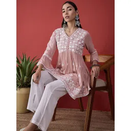 Anouk Ethnic Motifs Embroidered Empire Thread Work A-Line Kurti With Trousers-picture-15