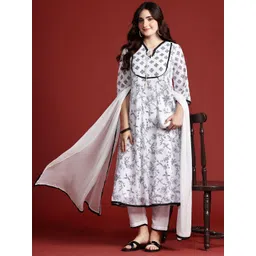 Anouk Ethnic Motifs Print Lace Inserts Empire Style Anarkali Kurta with Trousers & Dupatta-image-28