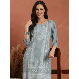 Anouk Ethnic Motifs Printed Round Neck Straight Mirror Work Kurta-image-37