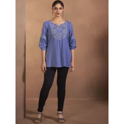 Anouk Floral Embroidered Notch Neck LivaA-Line Kurta-picture-16