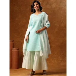 Anouk Floral Embroidered Notch Neck Thread Work Straight Kurta & Sharara With Dupatta-picture-11