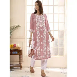 Anouk Floral Embroidered Round Neck Chikankari Straight Kurta-picture-27