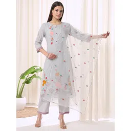 Anouk Floral Embroidered Round Neck Pure Cotton Straight Kurta With Trouser & Dupatta-picture-12