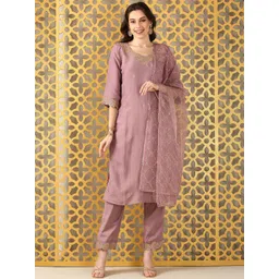 Anouk Floral Embroidered Round Neck Thread Work Kurta With Trousers & Dupatta-picture-30