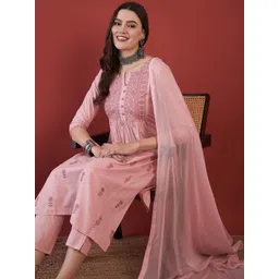 Anouk Floral Embroidered Thread Work Pure Cotton Kurta with Trousers & Dupatta-picture-24