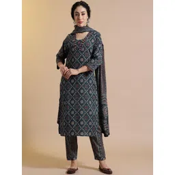 Anouk Floral Embroidered Thread Work Pure Cotton Straight Kurta with Trousers & Dupatta-picture-36