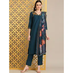 Anouk Floral Embroidered Thread Work Straight Kurta With Trouser And Dupatta-picture-35