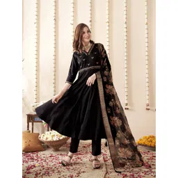 Anouk Floral Embroidered V-Neck Mirror Work Anarkali Kurta & Trousers With Dupatta-picture-22