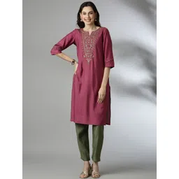 Anouk Floral Embroidered Zari Work Notch Neck Straight Kurta-picture-37