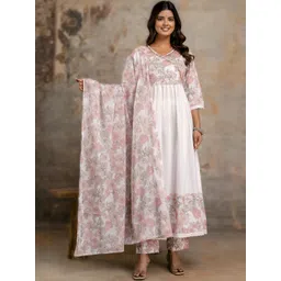 Anouk Floral Printed Angrakha V-Neck Pure Cotton Anarkali Kurta With Trousers & Dupatta-picture-30