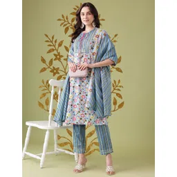 Anouk Floral Printed Gotta Patti Pure Cotton Kurta with Trousers & Dupatta-image-7