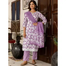 Anouk Floral Printed Notch Neck Pannelled Pure Cotton Kurta With Palazzos & Dupatta-picture-28