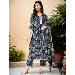 Anouk Floral Printed Notch Neck Pleated Pure Cotton Anarkali Kurta With Trousers & Dupatta-picture-27