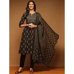 Anouk Floral Printed Notch Neck Pure Cotton A-Line Kurta With Trousers & Dupatta-picture-33