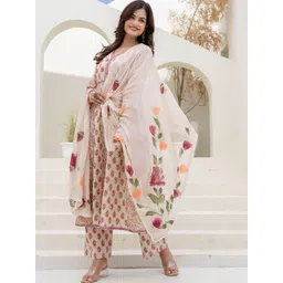 Anouk Floral Printed Panelled V-Neck Pure Cotton Kurta with Pyjamas & Dupatta-image-40