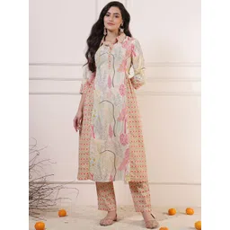 Anouk Floral Printed Pleated Pure Cotton A-Line Kurta With Palazzos-image-10